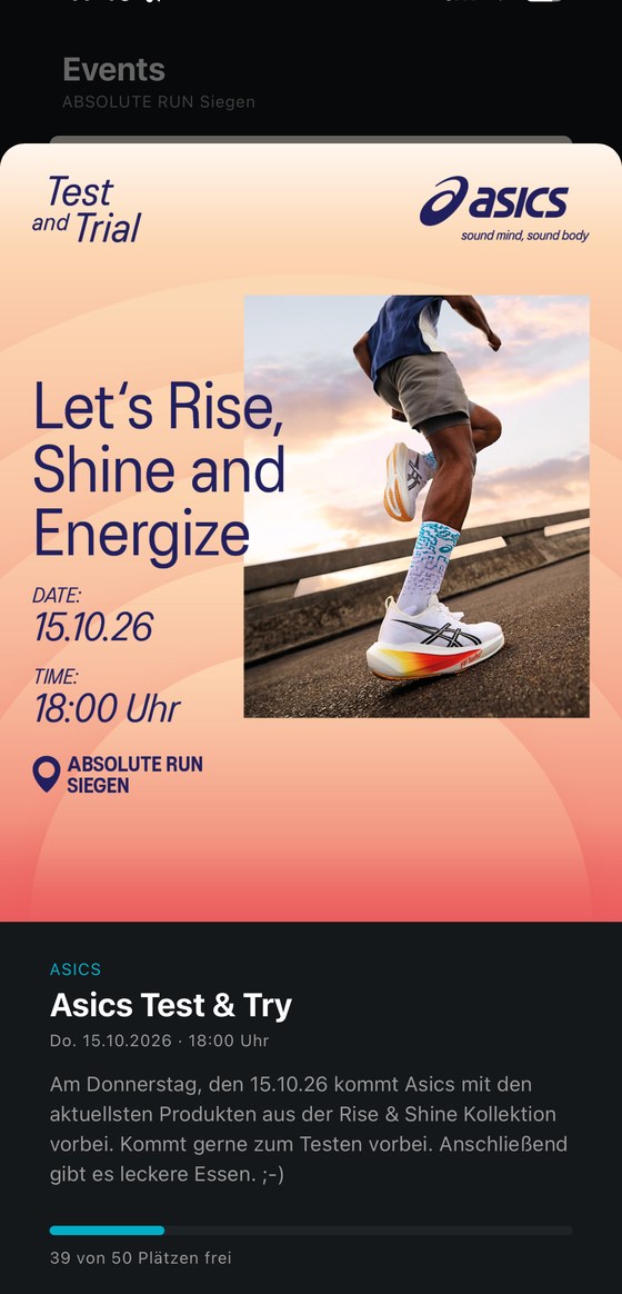 Event in der AR Community: Asics Test & Try am 15.10.2026 um 18 Uhr bei ABSOLUTE RUN Siegen, 39 von 50 Plätzen frei.